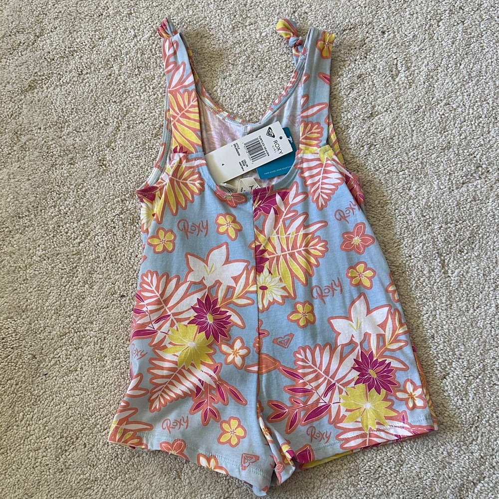Roxy Light Blue Floral Knit Romper with Pink & Yellow Blooms - Picture 3 of 5